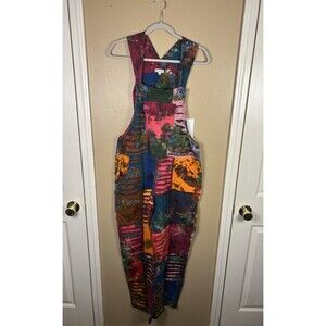 Earthbound Boho Patchwork Overalls Sz Small Tie Dye Colorful Hippie Festival Art